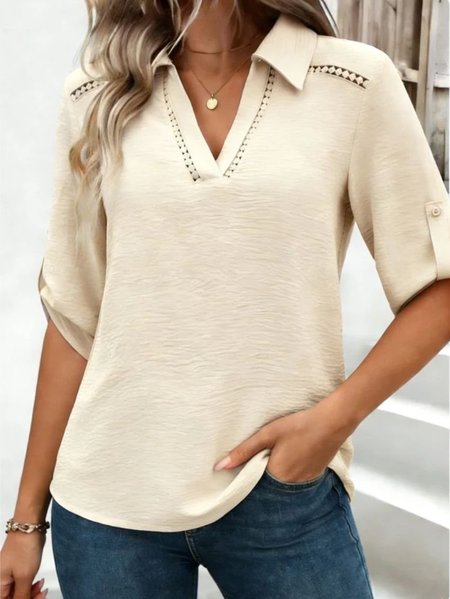

V Neck Simple Blouse, Apricot, Tees & T-shirts