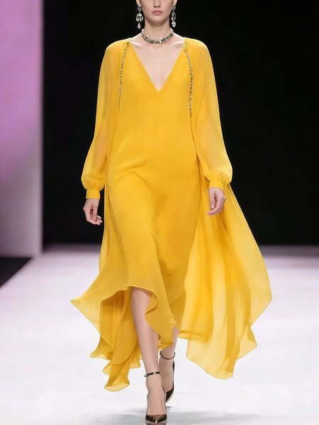 Elegant Plain Balloon Sleeve Rhinestone V Neck Midi Dress