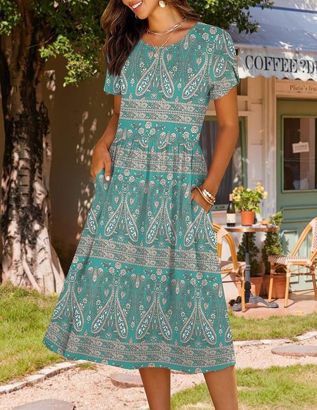 Women Plain Summer Dress Crew Neck Short Sleeve A-Line Dress