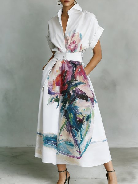 Urban Floral Printing Shirt Collar Midi Dress