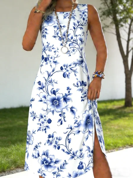 

Women Floral Summer Dress Crew Neck Sleeveless Tank A-Line Dress, White, Midi