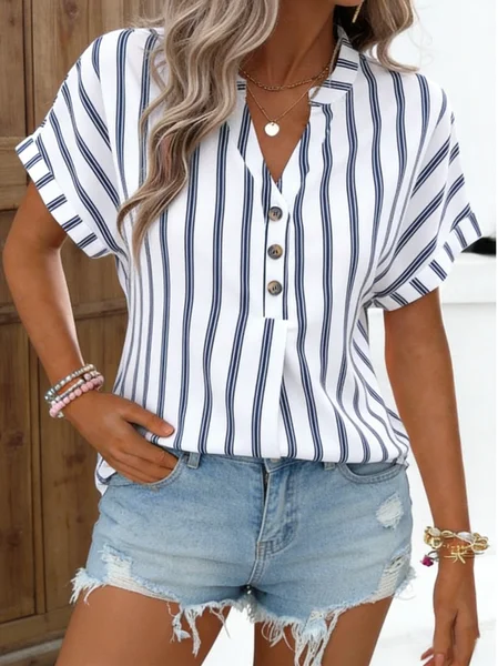 V Neck Short Sleeve Striped Regular Regular Fit Shirt For Women