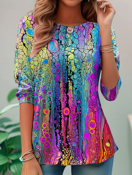 

Casual Abstract Crew Neck Long Sleeve T-shirt, As picture, T-shirts