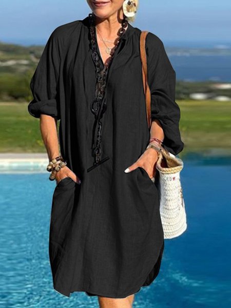 Women Plain Summer Dress V Neck Three Quarter Sleeve H-Line Dress