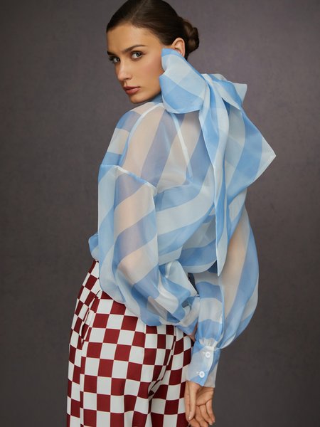 

Urban Sheer Striped Blouse with Bow Tie Neck, Blue, Blouses and Shirts