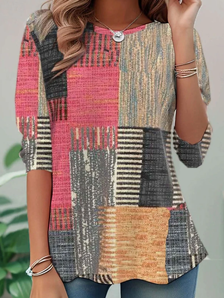 

Casual Abstract Crew Neck Long Sleeve T-shirt, As picture, T-shirts