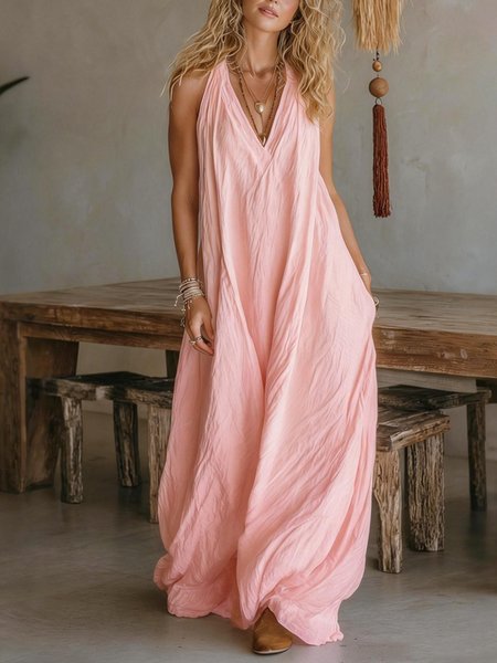 

Casual Plain V Neck Sleeveless Maxi Dress, Pink, Maxi Dresses
