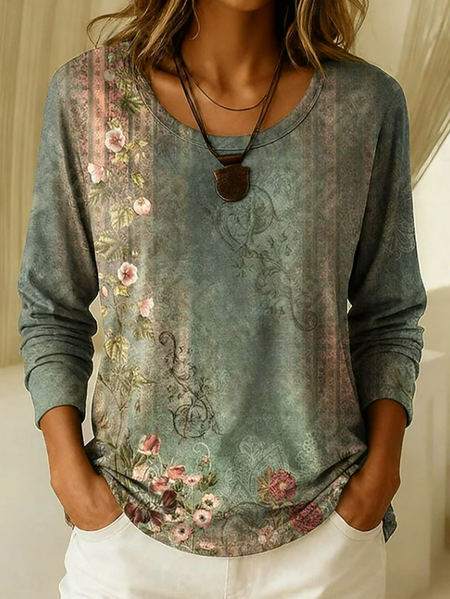 Casual Floral Crew Neck Long Sleeve T-shirt