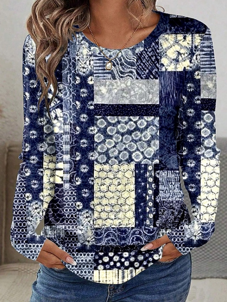 

Women Abstract Long Sleeve Tee T-shirt Crew Neck Printing Casual Graphic Tee Spring/Fall Top, Blue, T-Shirts
