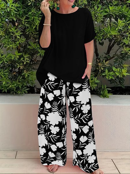

Women Floral Printing Two-Piece Set Daily Half Sleeve Casual Summer Top With Pants Matching Set, Black, Suit Set