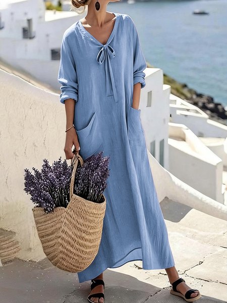 Women Plain Spring/Fall Dress V Neck Long Sleeve H-Line Dress