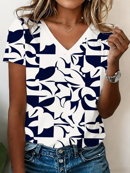 Elegant Geometric V Neck Short Sleeve T-shirt