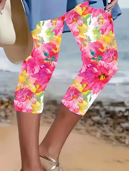 

Women Floral Capris Elastic Waist Pants Casual Summer Trousers, Pink, Leggings