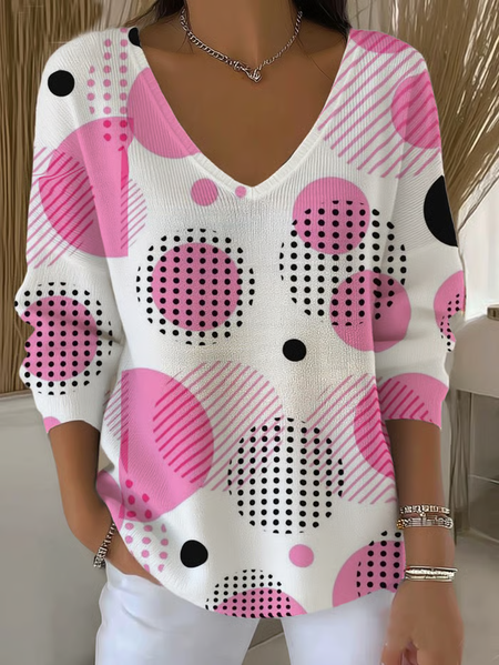 

Women Abstract Long Sleeve Tee T-shirt V Neck Printing Casual Spring/Fall Top, Pink, T-Shirts