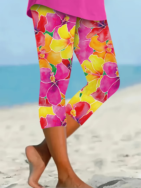 

Women Floral Capris Elastic Waist Pants Casual Summer Trousers, Pink, Leggings