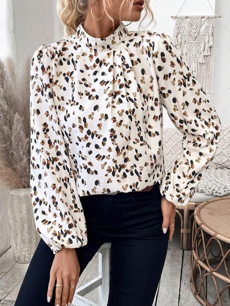 Mock Neck Long Sleeve Leopard Printing Regular Micro-Elasticity Loose Tunic Shirt For Women