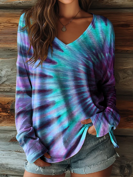

Casual Abstract V Neck Long Sleeve T-shirt, As picture, T-shirts