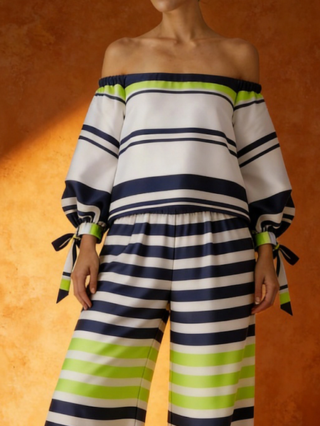 

Elegant Striped Cold Shoulder Blouse, As picture, Blouses and Shirts