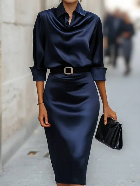 

Plus Size Regular Fit Shirt Collar Elegant Dress With Belt, Royal blue, Plus Dresses