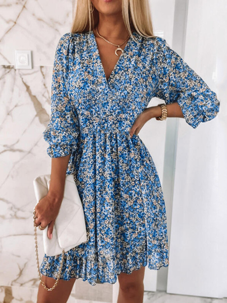

Women Floral Summer Dress V Neck Half Sleeve A-Line Dress, Blue, Dresses