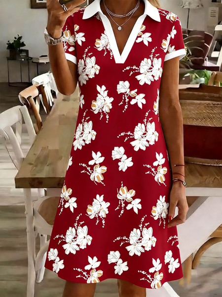 

Women Floral All Season Dress Shawl Collar Short Sleeve Shirt Dress A-Line Dress, Red, Dresses