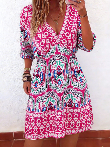 Women Striped Summer Dress V Neck Half Sleeve A-Line Dress