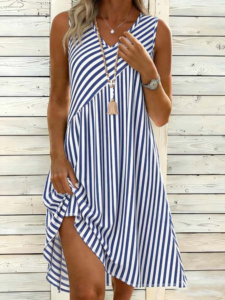 

Women Striped Summer Dress V Neck Sleeveless Tank A-Line Dress, Blue, Dresses