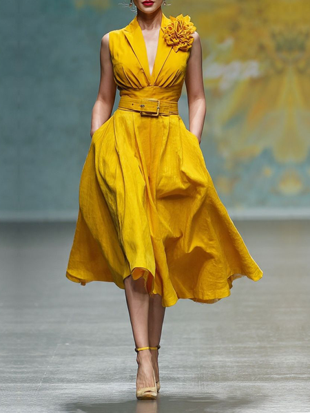 

Elegant Plain 3D Floral Lapel Collar Midi Dress With Belt, Yellow, Midi Dresses