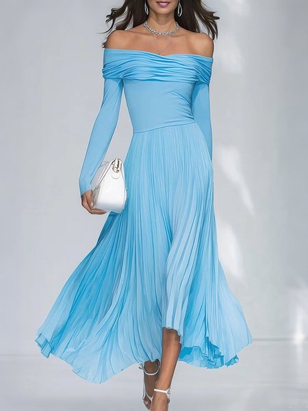 Elegant Plain Pleated Off The Shoulder Midi Dress
