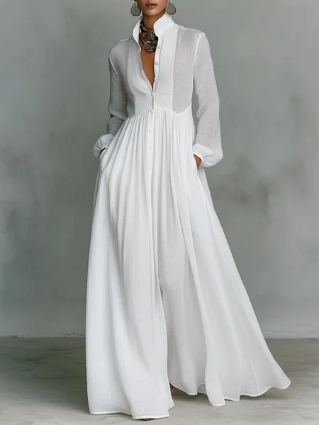 Plus Size Cotton Casual Plain Ruched Stand Collar Maxi Dress