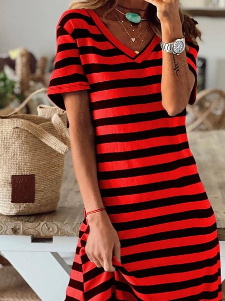 Women Striped Summer Printing Dress V Neck Short Sleeve T-Shirt Dress A-Line Dress