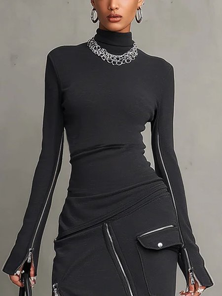 

Plus Size Urban Plain Zipper Mock Neck T-shirt, Black, Plus Tops