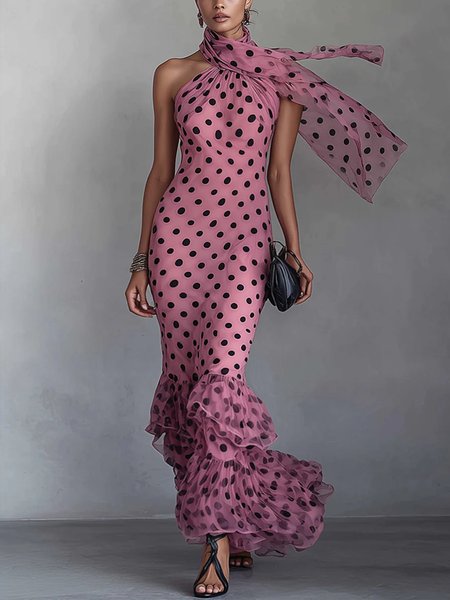 

Elegant Polka Dots Printing Halter Mermaid Maxi Dress, Pink, Maxi Dresses