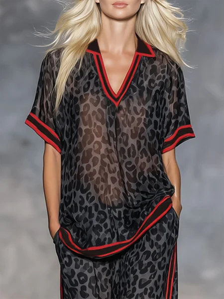 

Casual Color Block Blouse Shawl Collar Loose Short Sleeve Daily, As picture, Blouses and Shirts