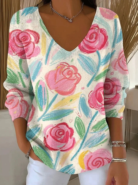 

Women Floral Long Sleeve Tee T-shirt V Neck Printing Casual Spring/Fall Top, As picture, T-Shirts