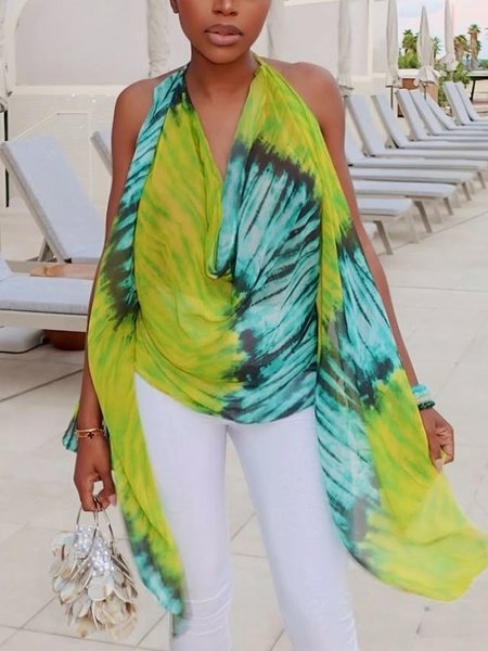 

Vacation Abstract Printing Cowl Neck Blouse, Green, Blouses and Shirts