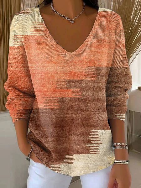 

Women Abstract Long Sleeve Tee T-shirt V Neck Printing Casual Spring/Fall Top, Orange, T-Shirts