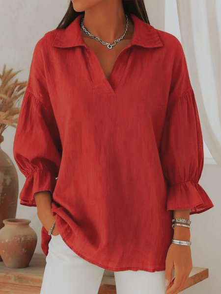

Shawl Collar Puff Sleeve Three Quarter Sleeve Plain Split Joint Regular Micro-Elasticity Loose Tunic Shirt For Women, Red, Blouses