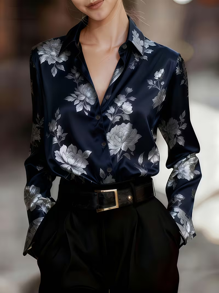 

Women Floral Shawl Collar Long Sleeve Shirt Casual Daily Spring/Fall Top, Navyblue, Shirts