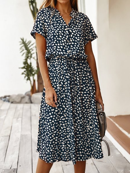 

Women Polka Dots Summer Printing Dress V Neck Short Sleeve T-Shirt Dress A-Line Dress, Navyblue, Dresses