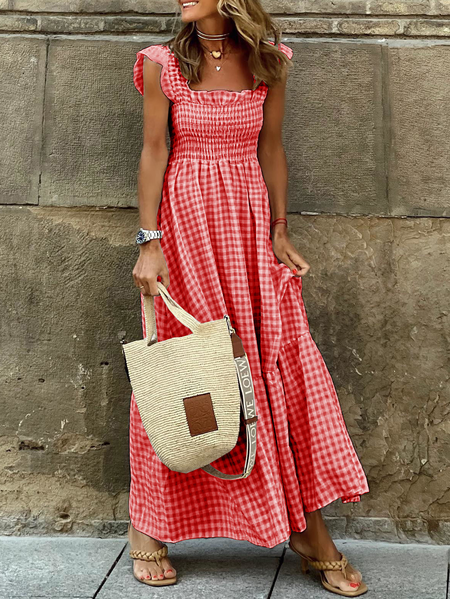 

Plaid Regular Fit Elegant Dress With No, Red, Maxi Dresses