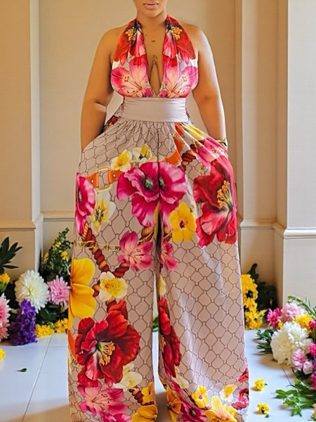 

Vacation Printing Floral V Neck Jumpsuit, As picture, Jumpsuits