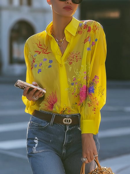

Vacation Floral Printing Shirt Collar Shirt, Yellow, Blouses and Shirts