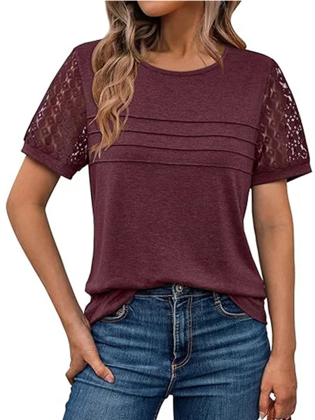 

Women Plain Crew Neck Casual Short Sleeve T-shirt, Wine red, Tees & T-shirts