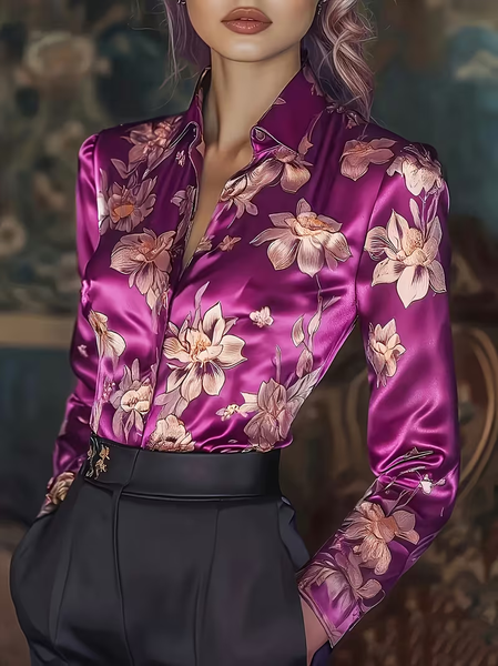 

Shawl Collar Long Sleeve Floral Regular Micro-Elasticity Regular Fit Button Up Shirt Shirt For Women, Purple, Shirts
