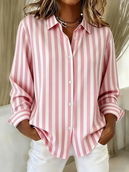 

Women Striped Shirt Collar Long Sleeve Shirt Buckle Regular Sleeve Casual Daily Spring/Fall Top, Pink, Shirts
