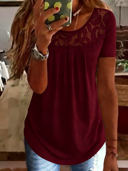 

Elegant Plain Crew Neck Short Sleeve T-shirt, Wine red, T-shirts