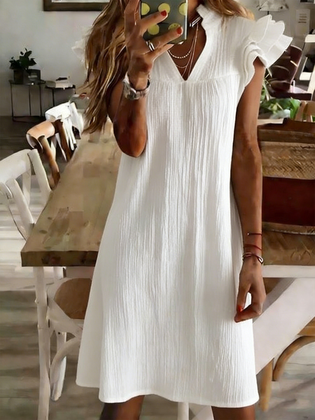 

Ruffle Sleeve Plain Vintage Dress With No, White, Midi Dresses