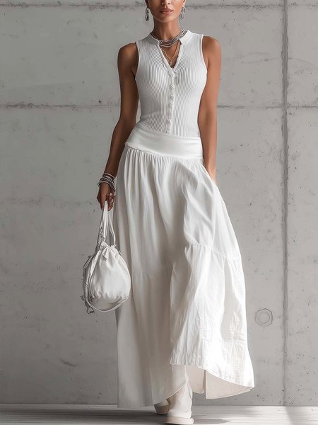 

Casual Sleeveless Knitted Patchwork Cotton And Linen Maxi Dress, White, Maxi Dresses
