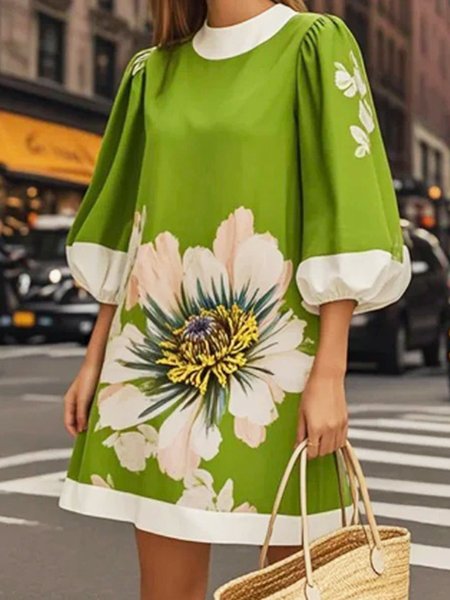 

Vacation Floral Printing Crew Neck Mini Dress, Green, Mini Dresses